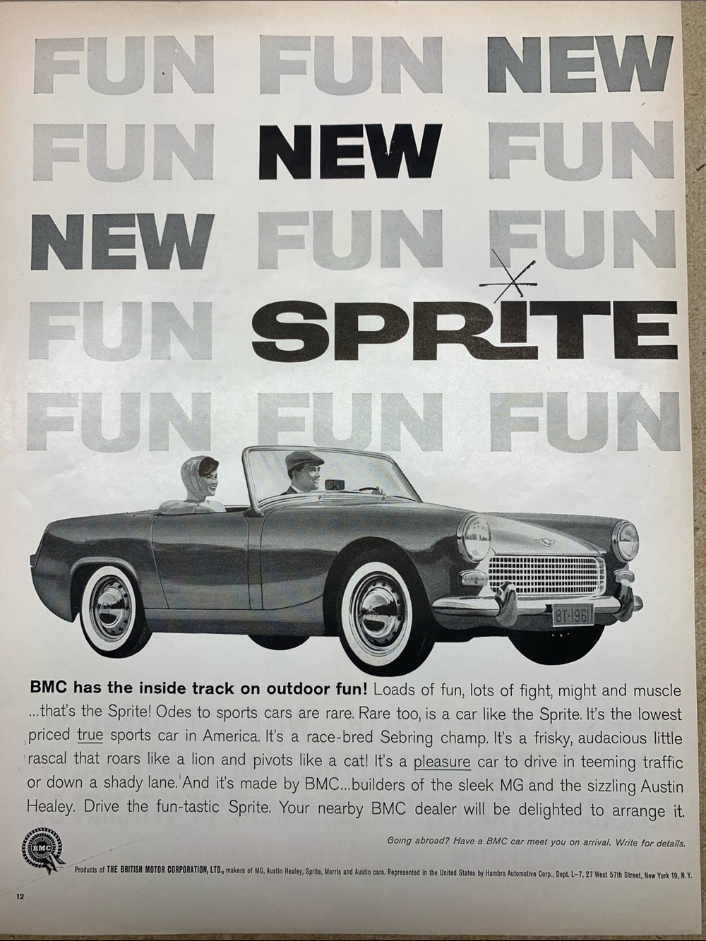 Vintage Sprite Convertible BMC Advertisement from Life Magazine June 9, 1961